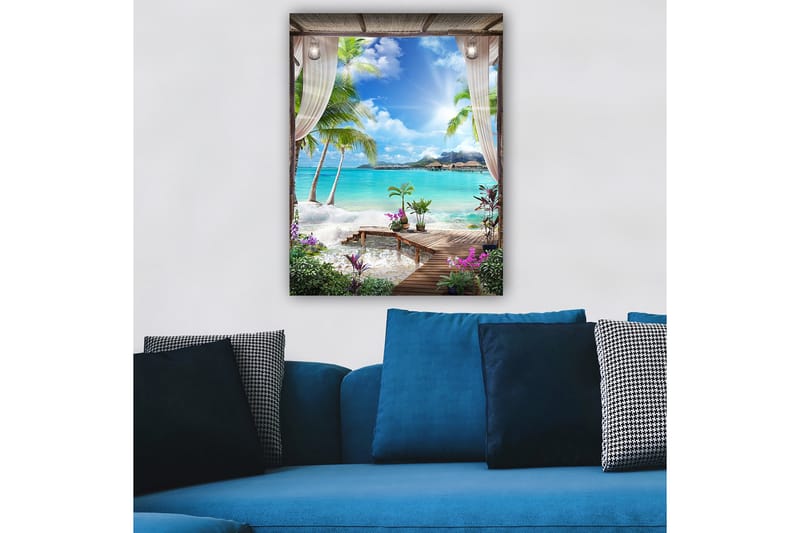 Canvastavla 70x100 cm - Tropisk strandutsikt med palmer, klart vatten och blommor i en avkopplande miljö, Turkos / Grön / Lila