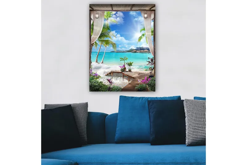 Canvastavla 70x100 cm - Tropisk strandutsikt med palmer, klart vatten och blommor i en avkopplande miljö, Turkos / Grön / Lila