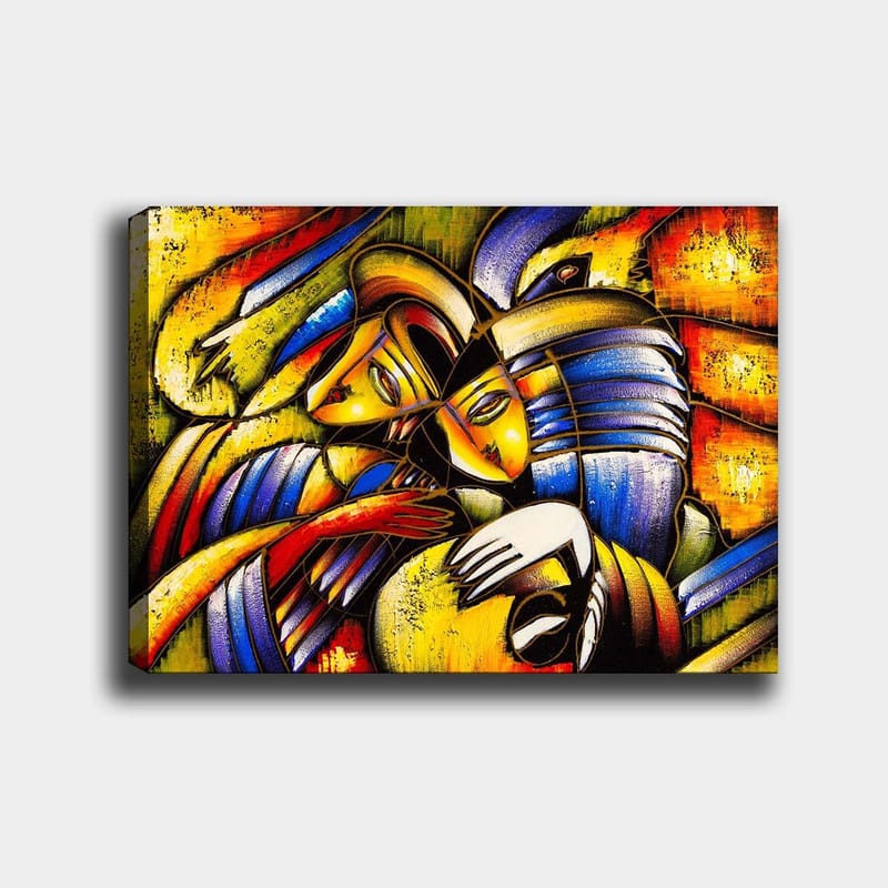 Canvastavla 70x100 cm - Två abstrakta figurer som omfamnar varandra i en känslosam komposition, Gult / Blått / Rött