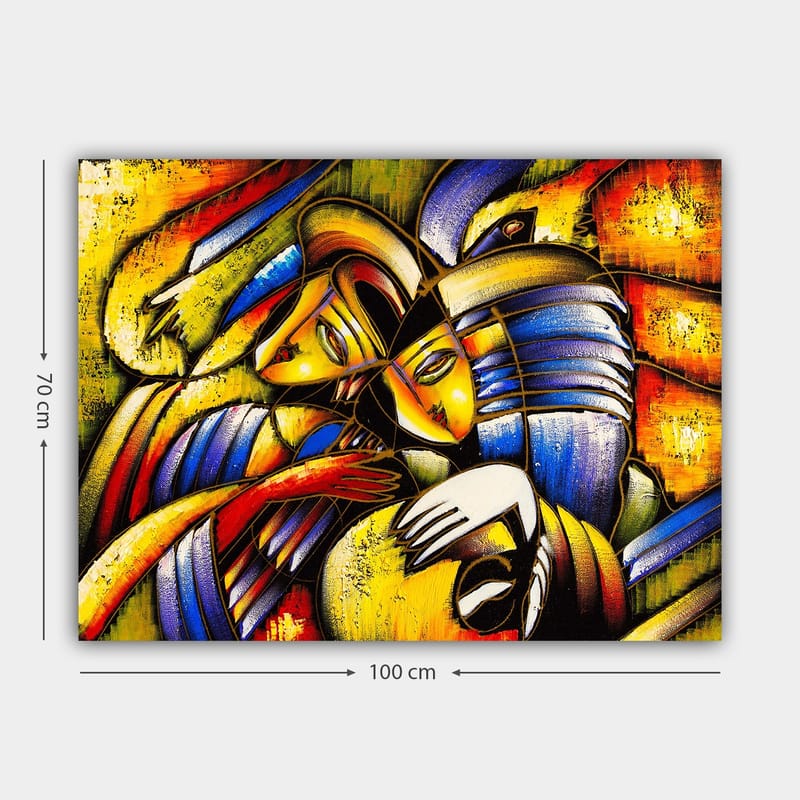 Canvastavla 70x100 cm - Två abstrakta figurer som omfamnar varandra i en känslosam komposition - Gult / Blått / Rött - Inredning & dekor - Tavlor & konst - Canvastavla
