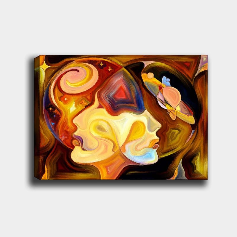 Canvastavla 70x100 cm - Två ansikten i profil som förenas i en abstrakt komposition med inslag av rymden - Guld / Orange / Brun - Inredning & dekor - Tavlor & konst - Canvastavla
