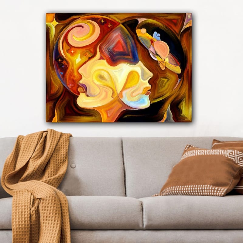 Canvastavla 70x100 cm - Två ansikten i profil som förenas i en abstrakt komposition med inslag av rymden - Guld / Orange / Brun - Inredning & dekor - Tavlor & konst - Canvastavla