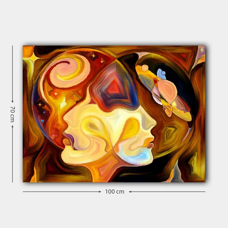 Canvastavla 70x100 cm - Två ansikten i profil som förenas i en abstrakt komposition med inslag av rymden - Guld / Orange / Brun - Inredning & dekor - Tavlor & konst - Canvastavla