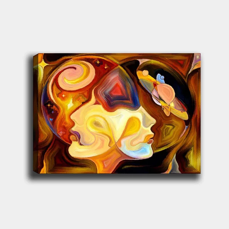 Canvastavla 70x100 cm - Två ansikten i profil som förenas i en abstrakt komposition med inslag av rymden - Guld / Orange / Brun - Inredning & dekor - Tavlor & konst - Canvastavla