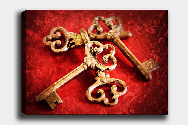 Canvastavla 70x100 cm - Två antika nycklar med dekorativa detaljer på en röd bakgrund - Guld / Röd - Inredning & dekor - Tavlor & konst - Canvastavla
