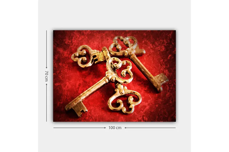 Canvastavla 70x100 cm - Två antika nycklar med dekorativa detaljer på en röd bakgrund - Guld / Röd - Inredning & dekor - Tavlor & konst - Canvastavla