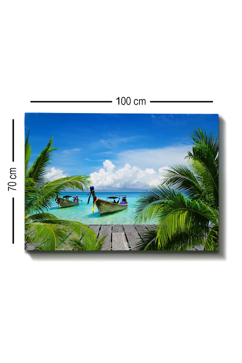 Canvastavla 70x100 cm - Två båtar i klart turkost vatten omgivna av palmer och en träbrygga - Turkos / Grön / Blå - Inredning & dekor - Tavlor & konst - Canvastavla