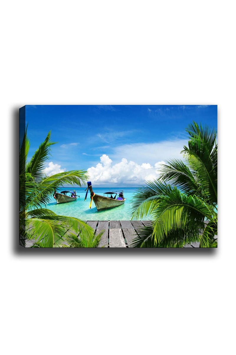 Canvastavla 70x100 cm - Två båtar i klart turkost vatten omgivna av palmer och en träbrygga - Turkos / Grön / Blå - Inredning & dekor - Tavlor & konst - Canvastavla