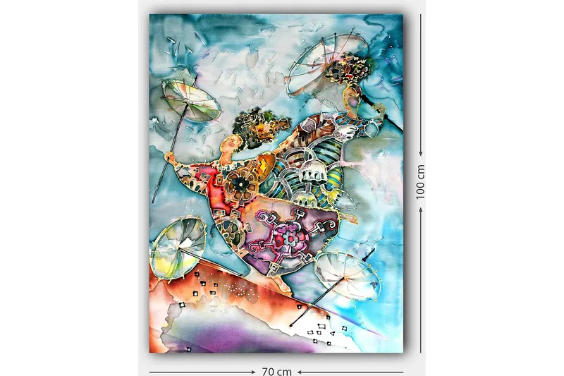 Canvastavla 70x100 cm - Två dansande figurer med paraplyer i en färgglad och livlig komposition - Blå / Orange / Grön - Inredning & dekor - Tavlor & konst - Canvastavla