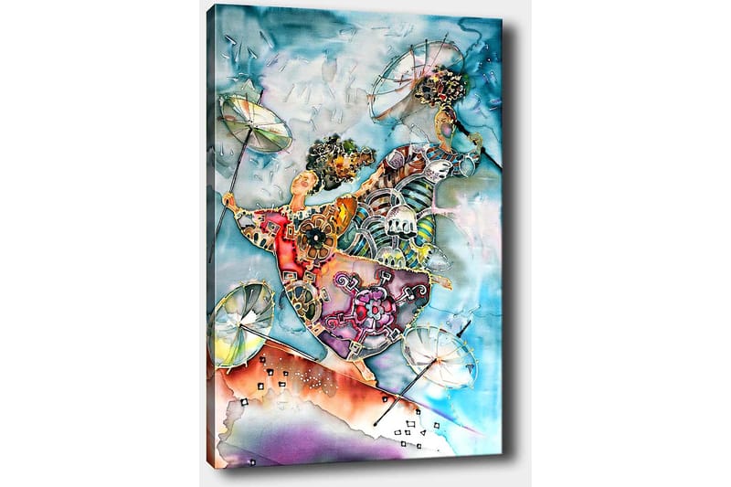 Canvastavla 70x100 cm - Två dansande figurer med paraplyer i en färgglad och livlig komposition - Blå / Orange / Grön - Inredning & dekor - Tavlor & konst - Canvastavla