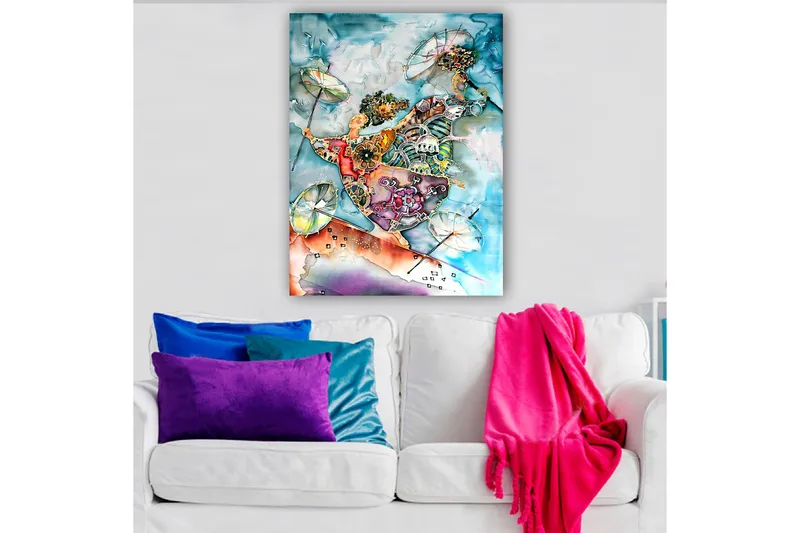 Canvastavla 70x100 cm - Två dansande figurer med paraplyer i en färgglad och livlig komposition, Blå / Orange / Grön