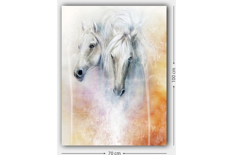 Canvastavla 70x100 cm - Två eleganta hästar som framträder i en mjuk och drömlik komposition - Vit / Ljusgrå / Orange - Inredning & dekor - Tavlor & konst - Canvastavla