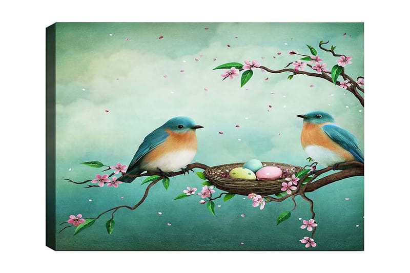 Canvastavla 70x100 cm - Två fåglar sitter på en gren bredvid ett bo med ägg, omgivna av blommor - Turkos / Aprikos / Rosa - Inredning & dekor - Tavlor & konst - Canvastavla