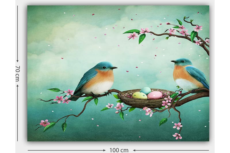 Canvastavla 70x100 cm - Två fåglar sitter på en gren bredvid ett bo med ägg, omgivna av blommor - Turkos / Aprikos / Rosa - Inredning & dekor - Tavlor & konst - Canvastavla