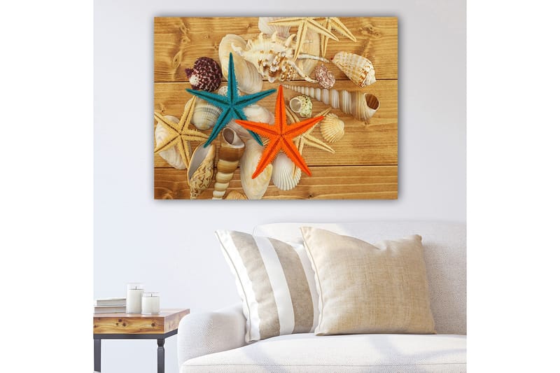 Canvastavla 70x100 cm - Två färgglada sjöstjärnor i orange och turkos bland snäckor på en träyta - Turkos / Orange / Beige - Inredning & dekor - Tavlor & konst - Canvastavla