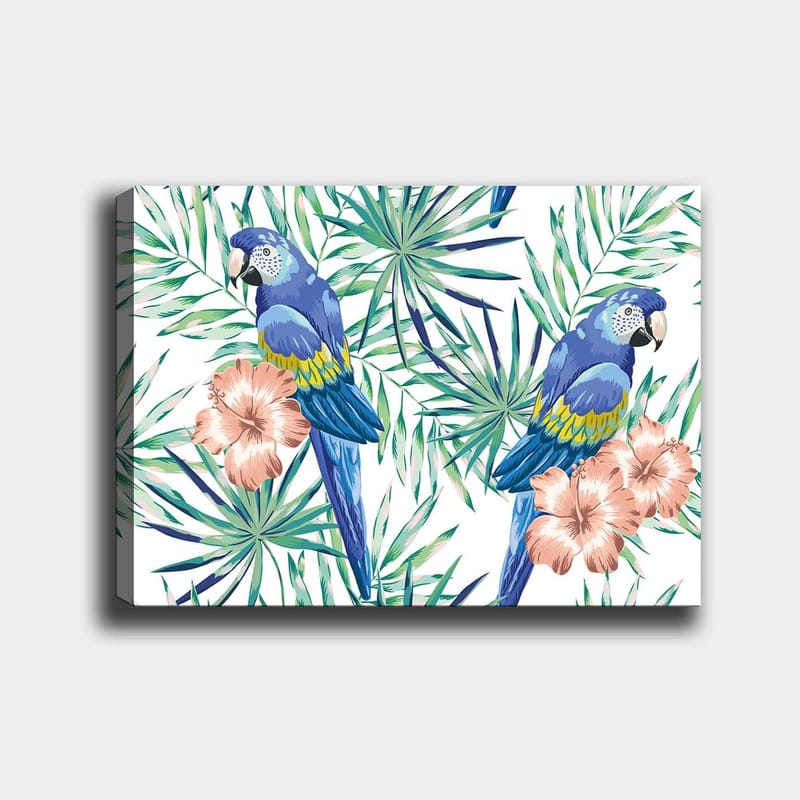 Canvastavla 70x100 cm - Två färgglada papegojor omgivna av tropiska växter och blommor - Blå / Grön / Rosa - Inredning & dekor - Tavlor & konst - Canvastavla
