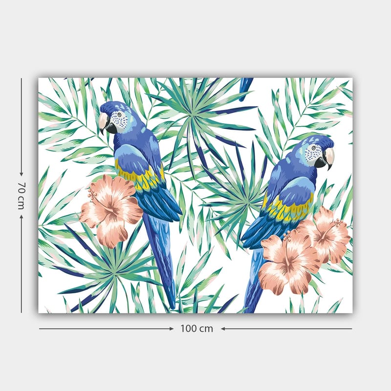 Canvastavla 70x100 cm - Två färgglada papegojor omgivna av tropiska växter och blommor - Blå / Grön / Rosa - Inredning & dekor - Tavlor & konst - Canvastavla