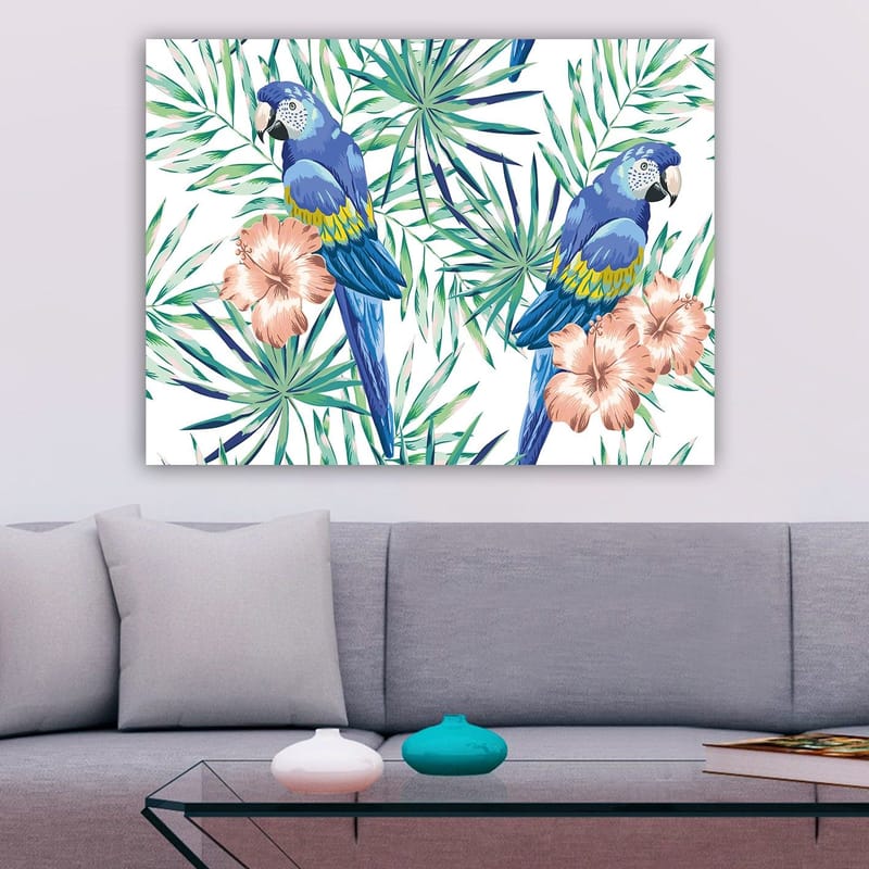Canvastavla 70x100 cm - Två färgglada papegojor omgivna av tropiska växter och blommor - Blå / Grön / Rosa - Inredning & dekor - Tavlor & konst - Canvastavla