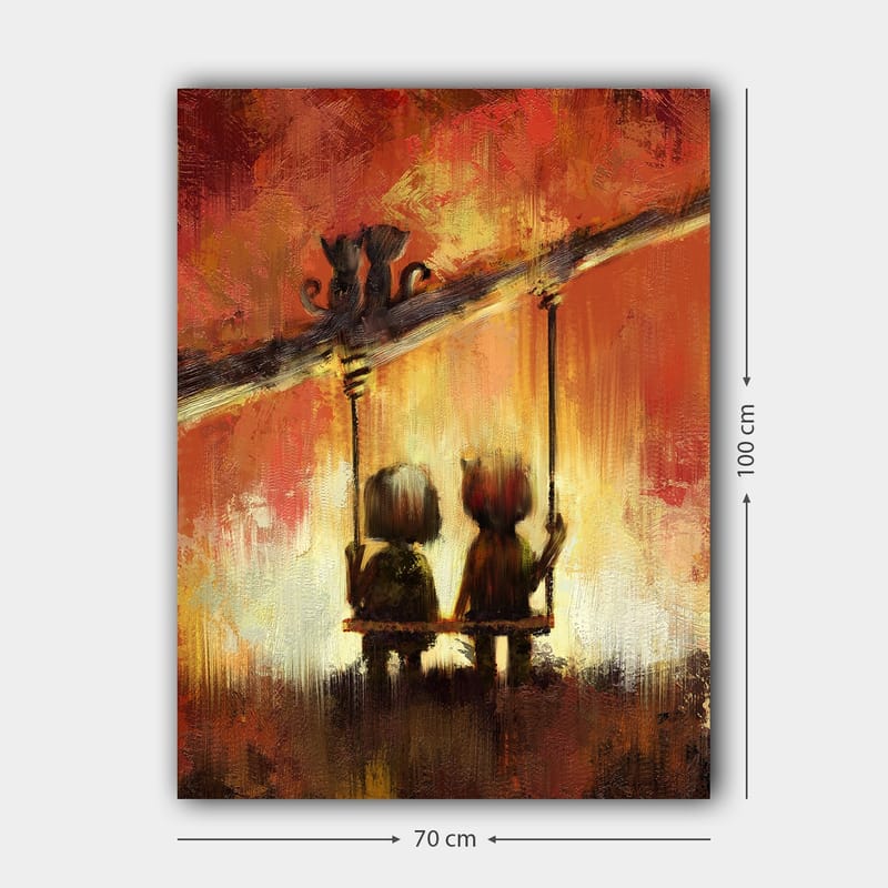 Canvastavla 70x100 cm - Två figurer som sitter på en gunga under en varm, färgsprakande himmel - Röd / Orange / Gul - Inredning & dekor - Tavlor & konst - Canvastavla