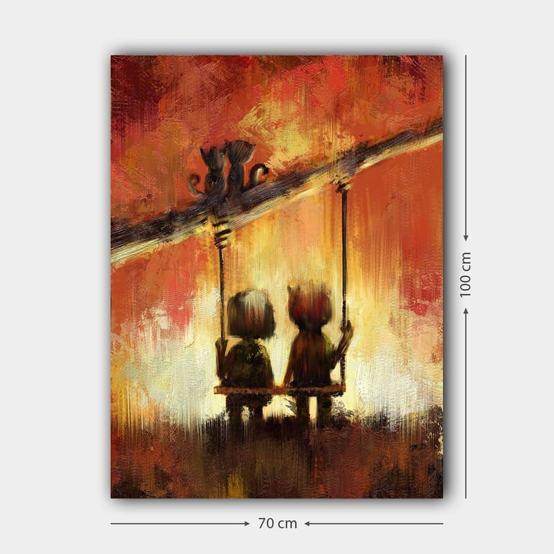 Canvastavla 70x100 cm - Två figurer som sitter på en gunga under en varm, färgsprakande himmel - Röd / Orange / Gul - Inredning & dekor - Tavlor & konst - Canvastavla