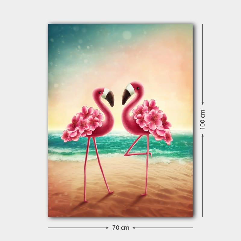 Canvastavla 70x100 cm - Två flamingos med blommor som står på en strand vid havet - Rosa / Turkos / Beige - Inredning & dekor - Tavlor & konst - Canvastavla