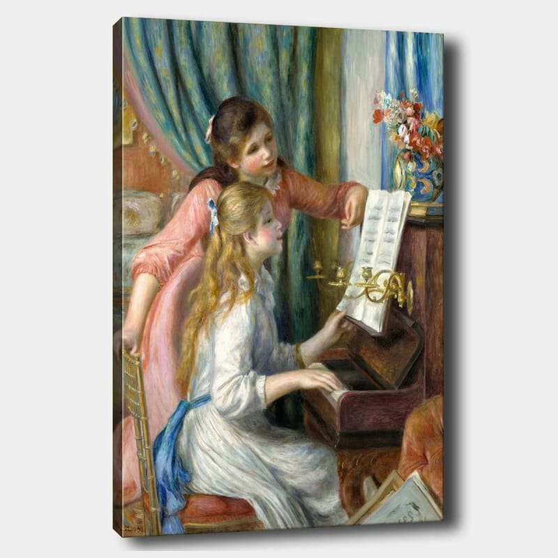 Canvastavla 70x100 cm - Två flickor som spelar piano tillsammans, där den ena flickan pekar på noterna - Rosa / Vit / Blå - Inredning & dekor - Tavlor & konst - Canvastavla