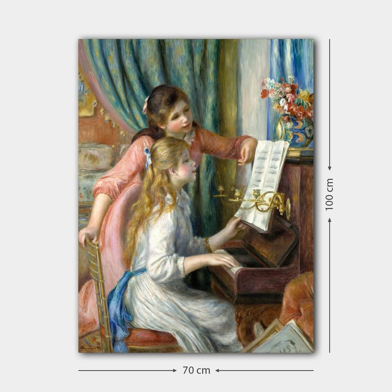 Canvastavla 70x100 cm - Två flickor som spelar piano tillsammans, där den ena flickan pekar på noterna - Rosa / Vit / Blå - Inredning & dekor - Tavlor & konst - Canvastavla
