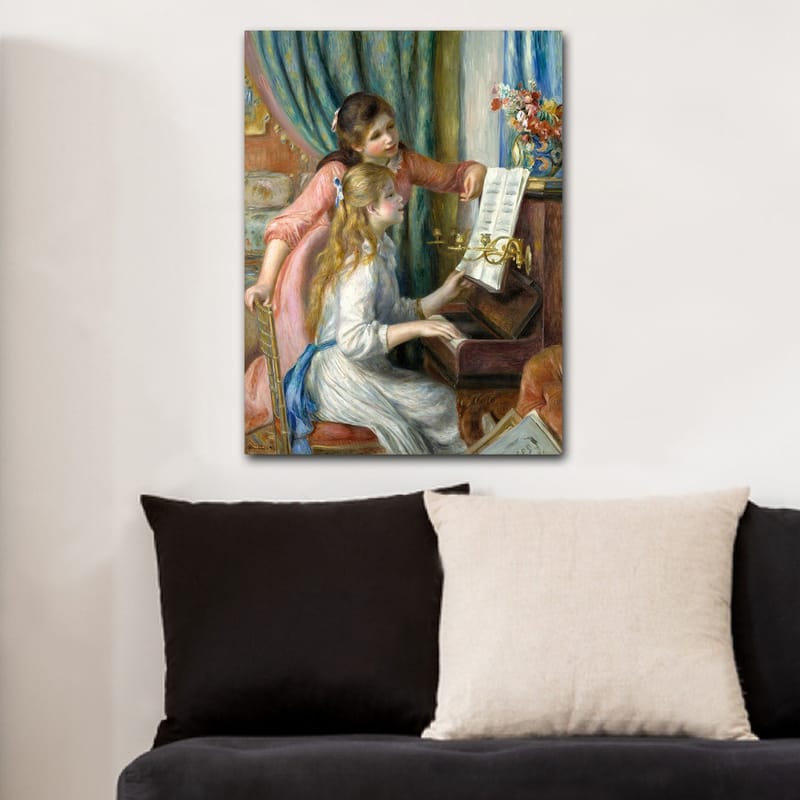 Canvastavla 70x100 cm - Två flickor som spelar piano tillsammans, där den ena flickan pekar på noterna - Rosa / Vit / Blå - Inredning & dekor - Tavlor & konst - Canvastavla