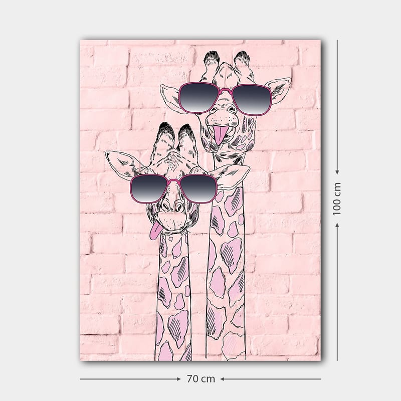 Canvastavla 70x100 cm - Två giraffer med solglasögon som sticker ut med sina lekfulla uttryck - Rosa / Svart / Vit - Inredning & dekor - Tavlor & konst - Canvastavla