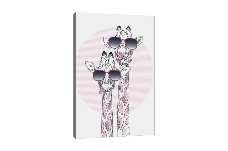 Canvastavla 70x100 cm - Två giraffer med solglasögon som visar en lekfull och modern stil, Rosa / Svart / Vit