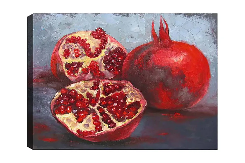 Canvastavla 70x100 cm - Två granatäpplen, ett helt och ett delat, som visar sina saftiga kärnor, Röd / Beige