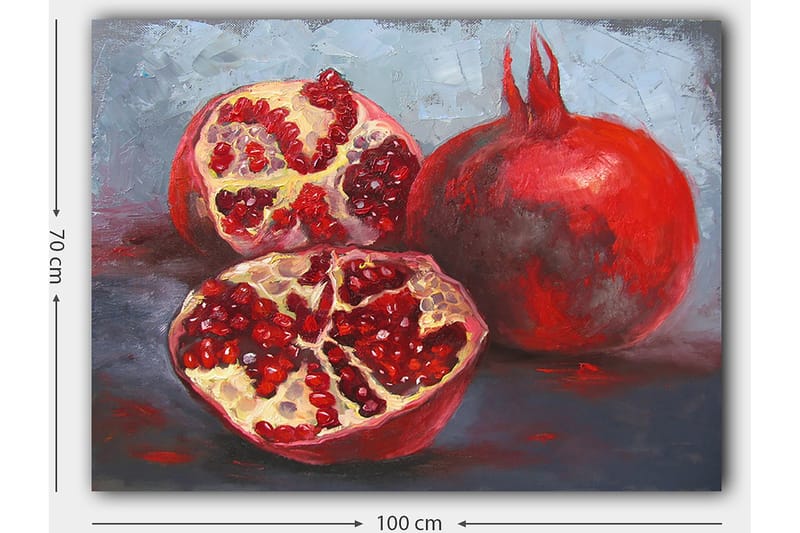 Canvastavla 70x100 cm - Två granatäpplen, ett helt och ett delat, som visar sina saftiga kärnor - Röd / Beige - Inredning & dekor - Tavlor & konst - Canvastavla