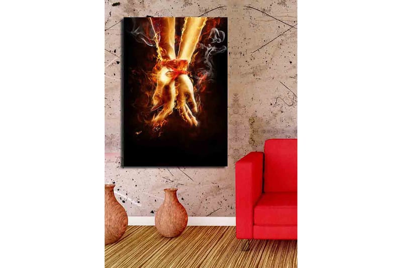 Canvastavla 70x100 cm - Två händer som är sammanbundna med ett rött band, omgivna av eld och rök - Orange / Röd / Beige - Inredning & dekor - Tavlor & konst - Canvastavla