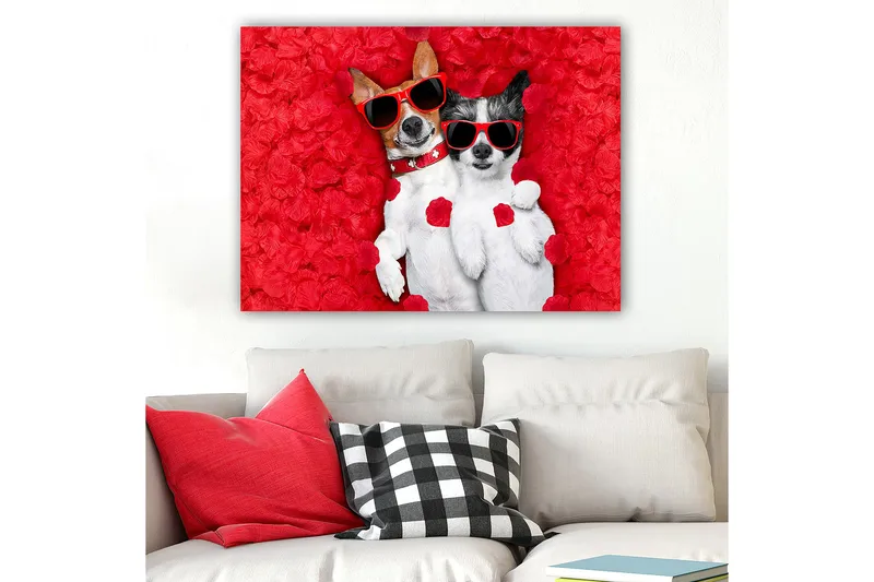 Canvastavla 70x100 cm - Två hundar som ligger tillsammans på en röd blomsterbakgrund, iförda solglasögon - Röd / Vit / Svart - Inredning & dekor - Tavlor & konst - Canvastavla