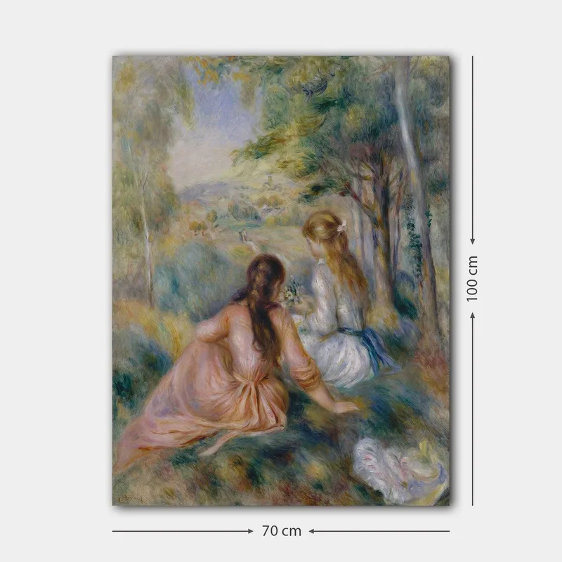 Canvastavla 70x100 cm - Två kvinnor som sitter i en grönskande miljö och plockar blommor - Rosa / Vit / Grön - Inredning & dekor - Tavlor & konst - Canvastavla