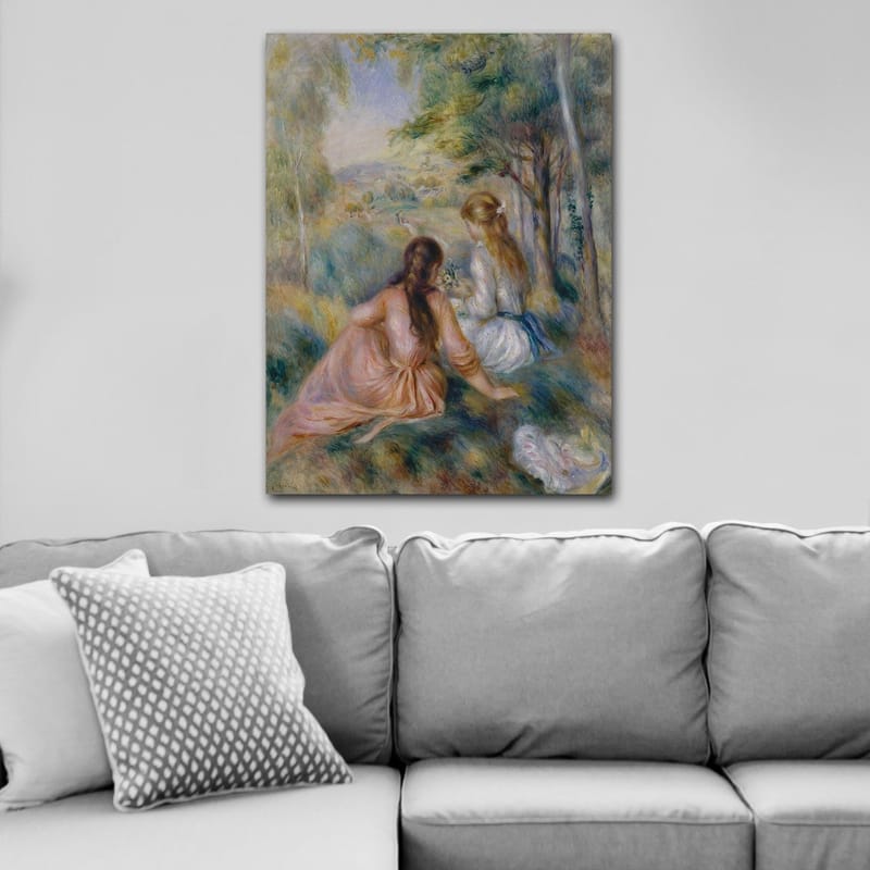 Canvastavla 70x100 cm - Två kvinnor som sitter i en grönskande miljö och plockar blommor - Rosa / Vit / Grön - Inredning & dekor - Tavlor & konst - Canvastavla