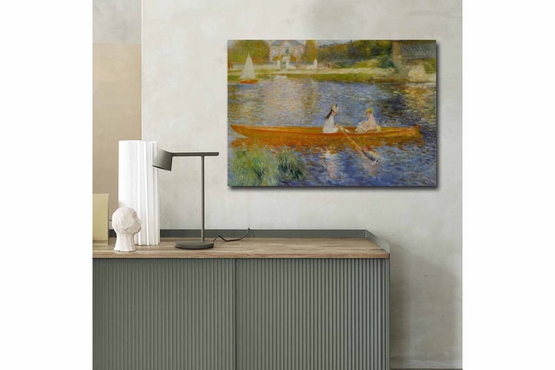 Canvastavla 70x100 cm - Två kvinnor som paddlar i en båt på en spegelblanka sjö - Orange / Blå / Grön - Inredning & dekor - Tavlor & konst - Canvastavla