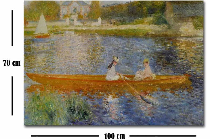 Canvastavla 70x100 cm - Två kvinnor som paddlar i en båt på en spegelblanka sjö - Orange / Blå / Grön - Inredning & dekor - Tavlor & konst - Canvastavla