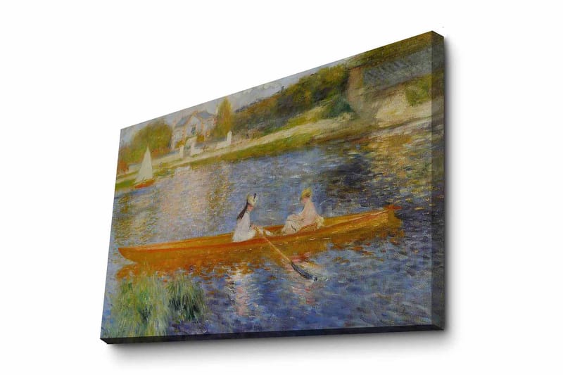 Canvastavla 70x100 cm - Två kvinnor som paddlar i en båt på en spegelblanka sjö - Orange / Blå / Grön - Inredning & dekor - Tavlor & konst - Canvastavla