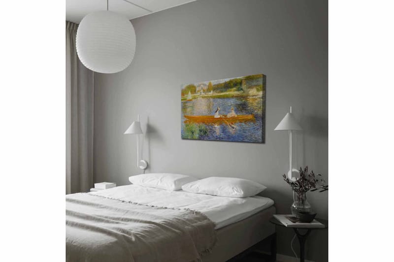 Canvastavla 70x100 cm - Två kvinnor som paddlar i en båt på en spegelblanka sjö - Orange / Blå / Grön - Inredning & dekor - Tavlor & konst - Canvastavla