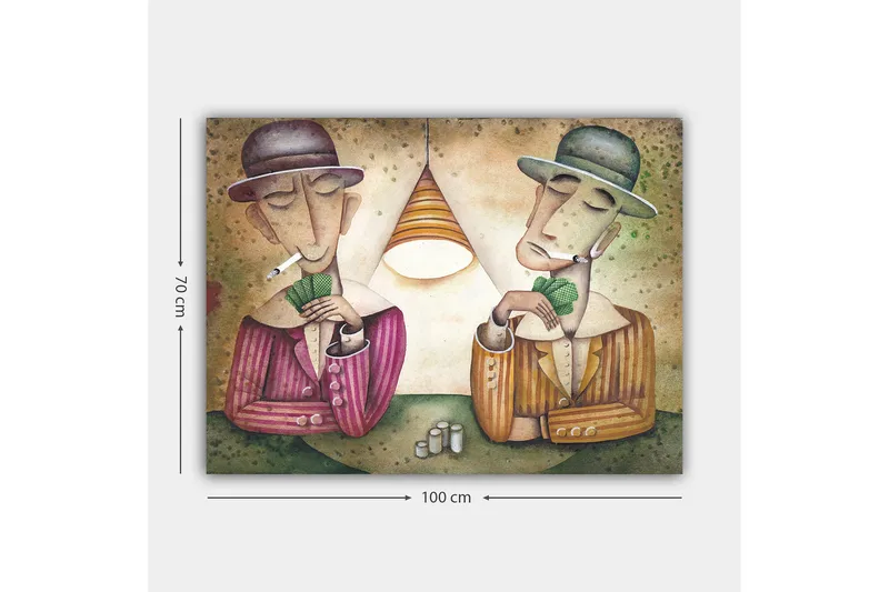 Canvastavla 70x100 cm - Två män som spelar kort under en lampa, med cigaretter i munnen och en koncentrerad min - Lila / Grön / Beige - Inredning & dekor - Tavlor & konst - Canvastavla