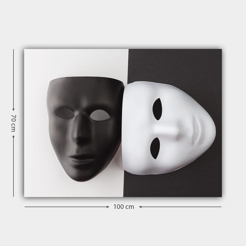 Canvastavla 70x100 cm - Två masker, en svart och en vit, som symboliserar kontrasterande känslor eller identiteter - Svart / Vit - Inredning & dekor - Tavlor & konst - Canvastavla