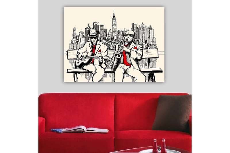 Canvastavla 70x100 cm - Två musiker på en bänk med New York som siluett - Beige / Svart / Röd - Inredning & dekor - Tavlor & konst - Canvastavla