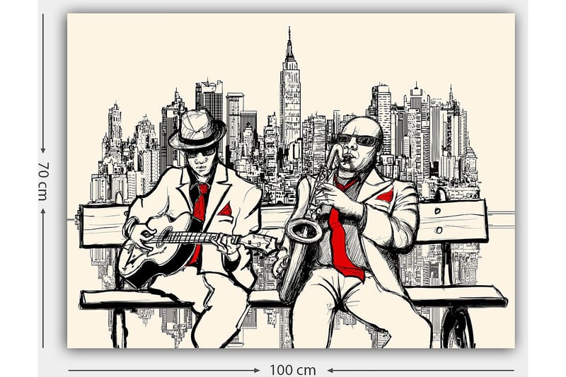 Canvastavla 70x100 cm - Två musiker på en bänk med New York som siluett - Beige / Svart / Röd - Inredning & dekor - Tavlor & konst - Canvastavla