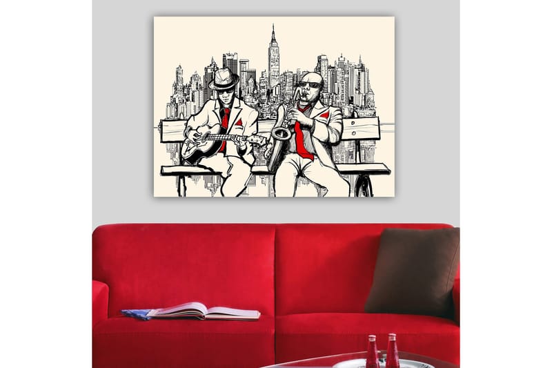 Canvastavla 70x100 cm - Två musiker på en bänk med New York som siluett - Beige / Svart / Röd - Inredning & dekor - Tavlor & konst - Canvastavla