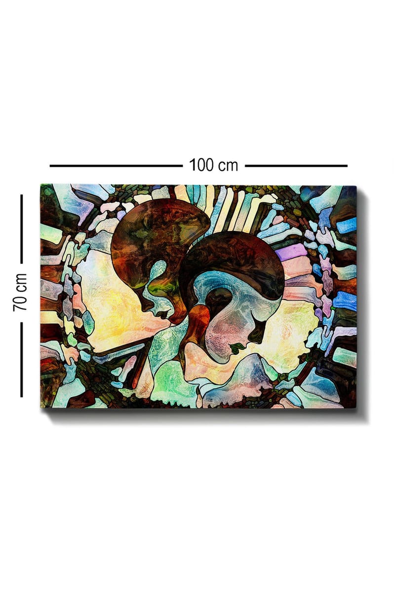 Canvastavla 70x100 cm - Två stiliserade ansikten som förenas i en harmonisk komposition - Mörkbrun / Ljusblå / Grön - Inredning & dekor - Tavlor & konst - Canvastavla