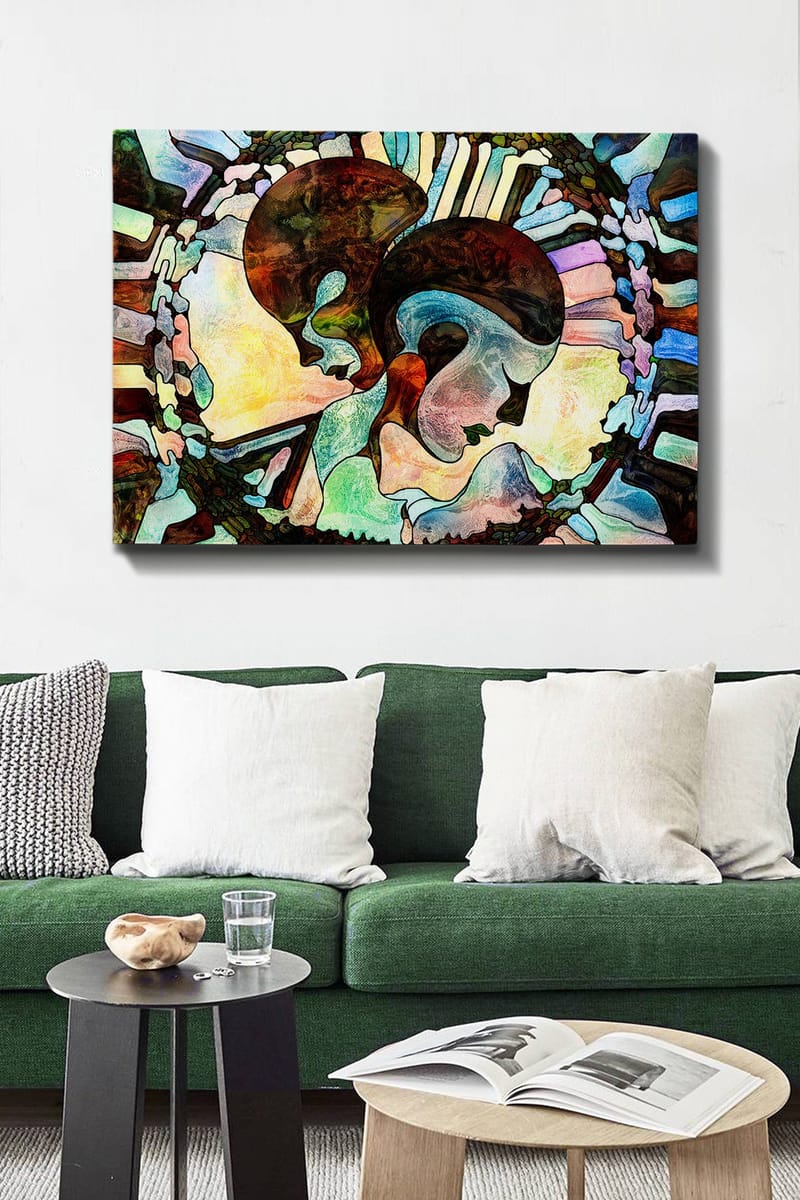 Canvastavla 70x100 cm - Två stiliserade ansikten som förenas i en harmonisk komposition - Mörkbrun / Ljusblå / Grön - Inredning & dekor - Tavlor & konst - Canvastavla