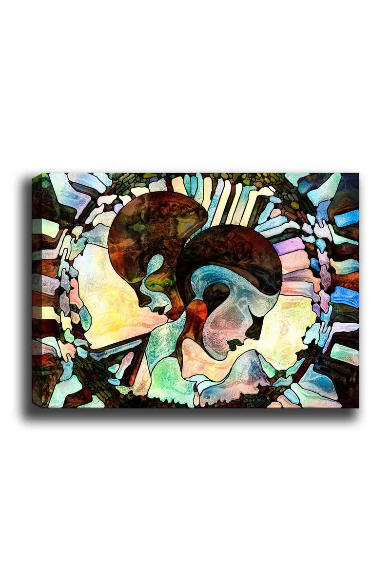 Canvastavla 70x100 cm - Två stiliserade ansikten som förenas i en harmonisk komposition, Mörkbrun / Ljusblå / Grön