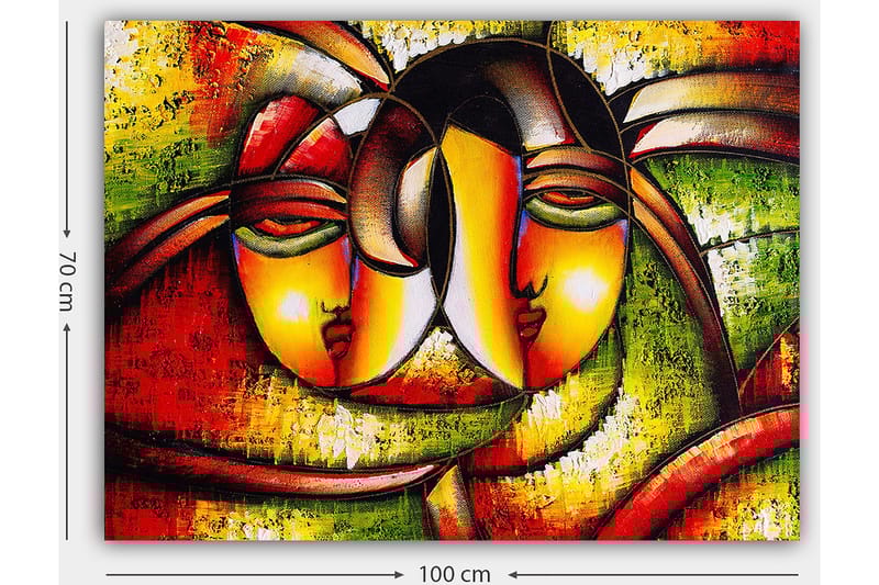 Canvastavla 70x100 cm - Två stiliserade ansikten som uttrycker närhet och samhörighet - Röd / Grön / Gul - Inredning & dekor - Tavlor & konst - Canvastavla