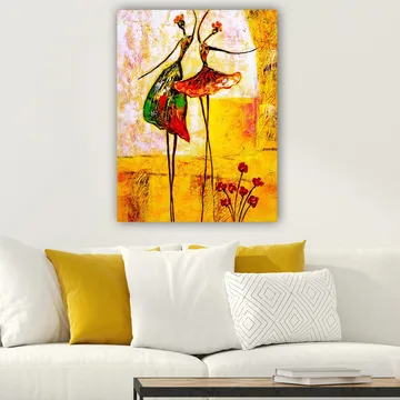Canvastavla 70x100 cm - Två stiliserade dansare i färgglada klänningar som uttrycker glädje och rörelse - Röd / Grön / Gul - Inredning & dekor - Tavlor & konst - Canvastavla